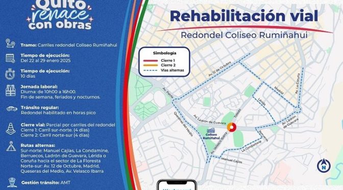 DESDE ESTE MIÉRCOLES SE REALIZAN CIERRES POR REHABILITACIÓN VIAL DEL REDONDEL DEL COLISEO RUMIÑAHUI